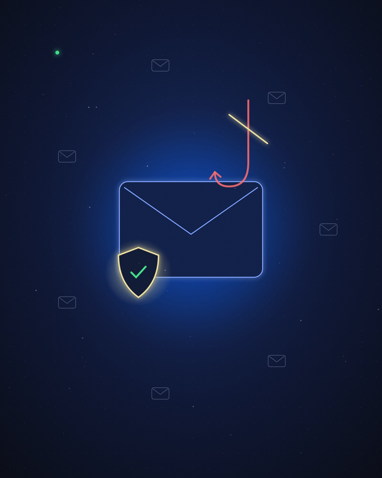 Phishing defense illustration: a phishing email hook blocked by a security shield